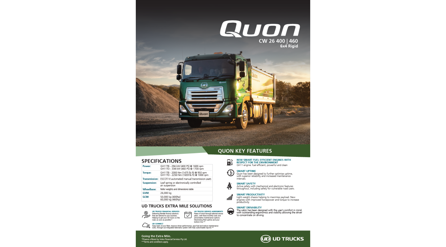 Quon CW 26 400 and 460 6x4 spec sheet