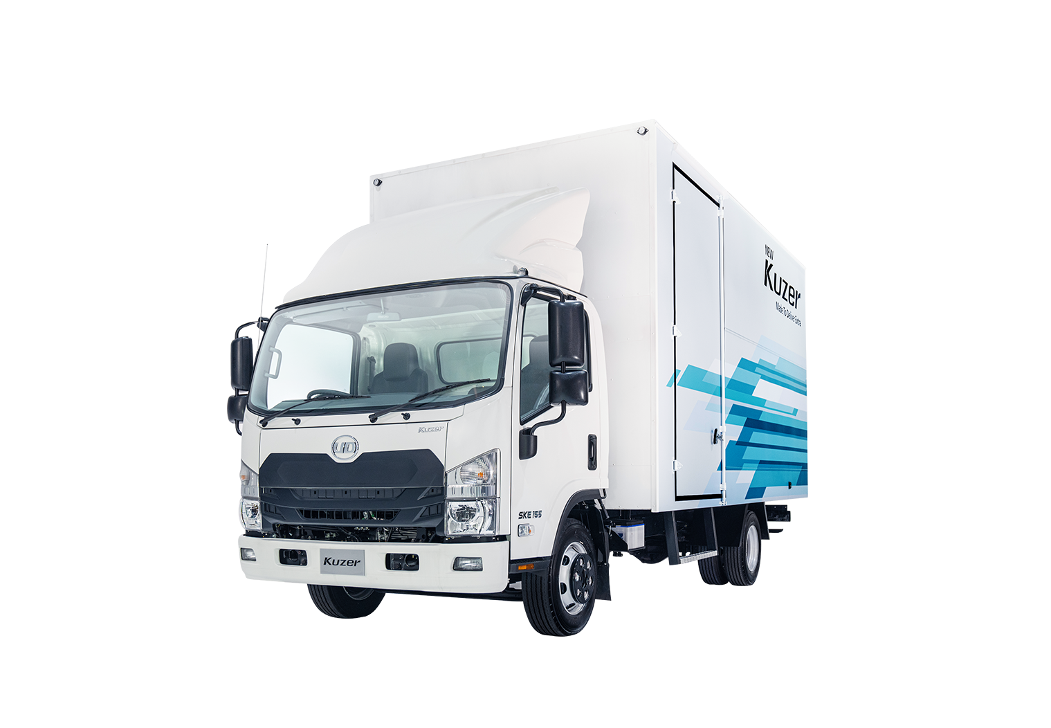 White box truck with blue graphics on the side, front-facing angle.