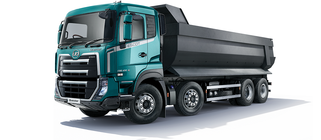 Blue and black dump truck with six wheels on a white background.