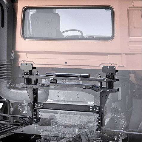 Khung kim loại lắp đặt phía sau ghế lái xe tải, nền màu xám.