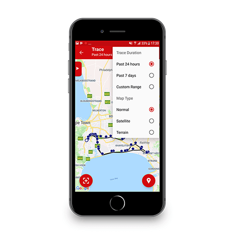 Slimfoon met ‘n kaart-app en roetes in blou aangedui, keuselys boaan oop.