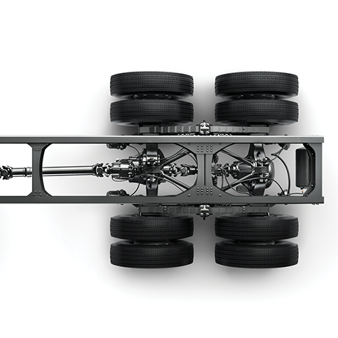 Top-down view of a truck chassis with six black wheels and suspension system.