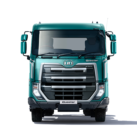 Green commercial truck viewed from the front on a white background.