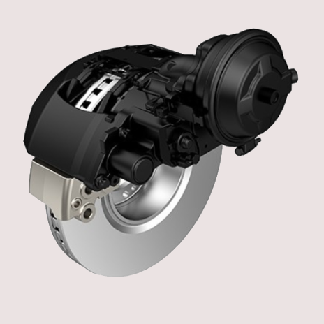Car disc brake system with black caliper and silver ventilated rotor.