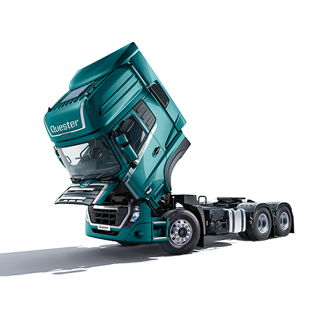 รถบรรทุกหัวลากสีฟ้าหัวเปิดยกขึ้นบนพื้นขาว