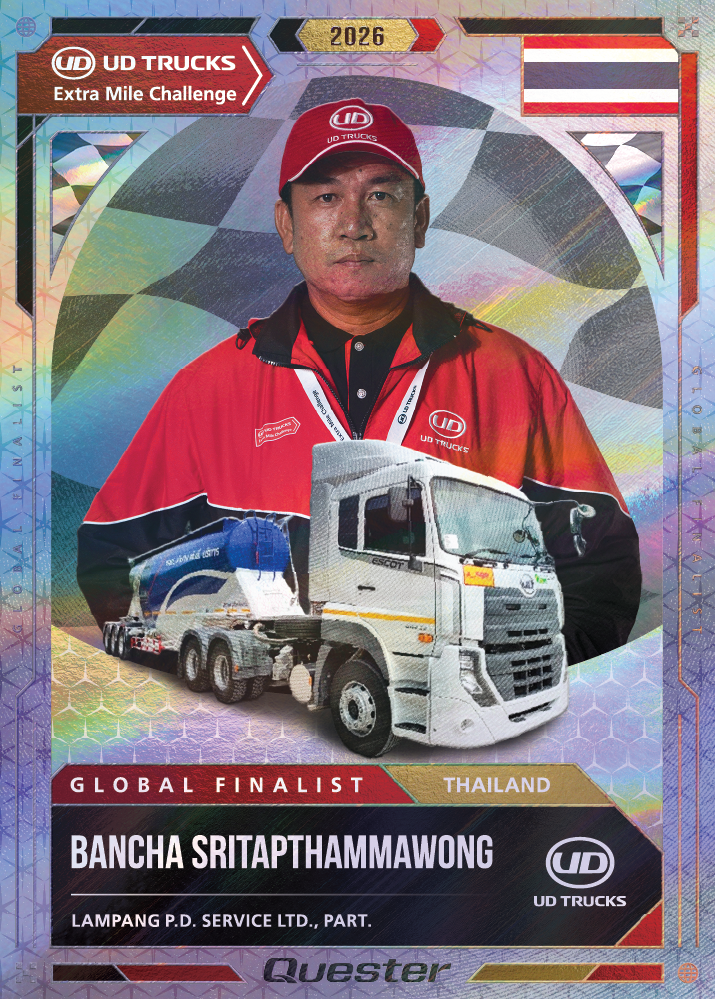 Man in red jacket and cap with a white truck, Thailand flag in background.