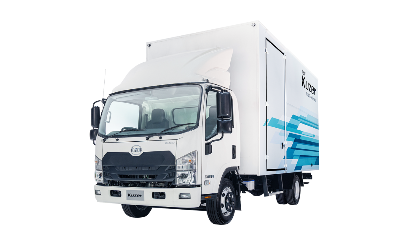 White box truck with blue graphics on the side, front-facing angle.