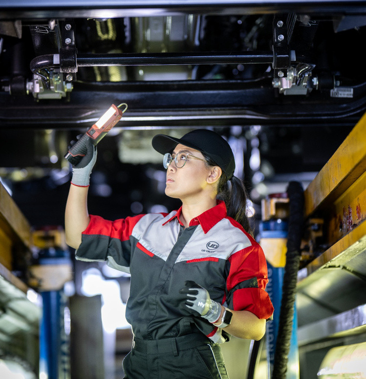 Mechanic inspecting under a vehicle with a flashlight, wearing uniform and cap.