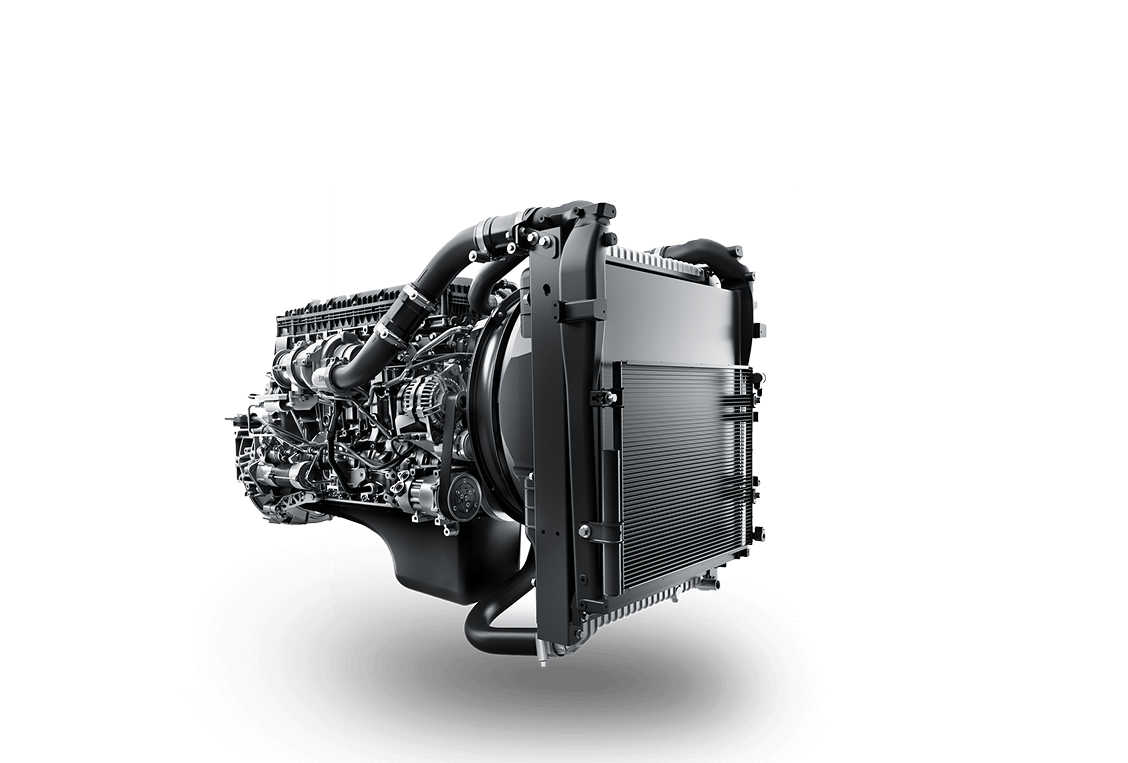 Mesin kendaraan modern berwarna hitam dengan radiator besar di sisi kanan.