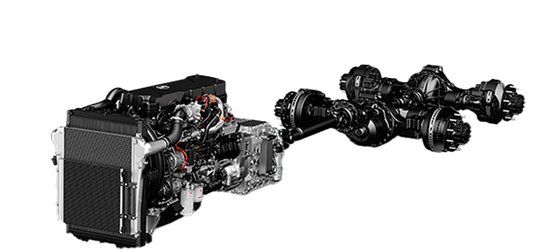 Car engine and drivetrain system with black axles and mechanical parts.